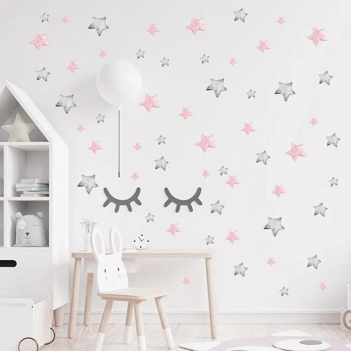 56 Watercolour Pink Grey Stars Wall Stickers For Kids Room Decor
