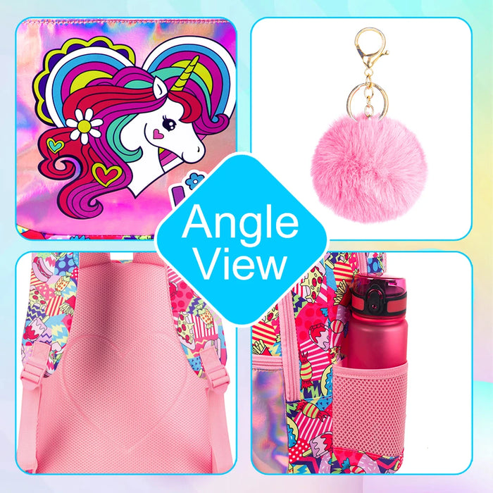 3 Piece Unicorn Backpack Set For Girls 16.5 Inch Rainbow Bookbag Lunch Box Waterproof Lightweight