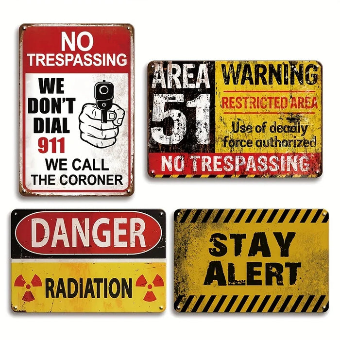 Retro Area 51 No Trespassing Metal Sign Set 4Pcs