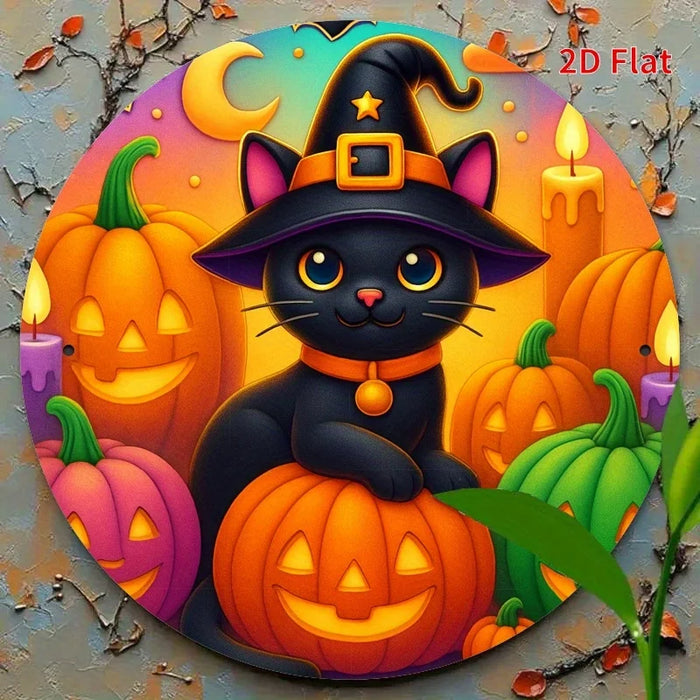 Vintage Halloween Witch Cat & Pumpkins Iron Sign 7.8 Inch Spooky Black Cat