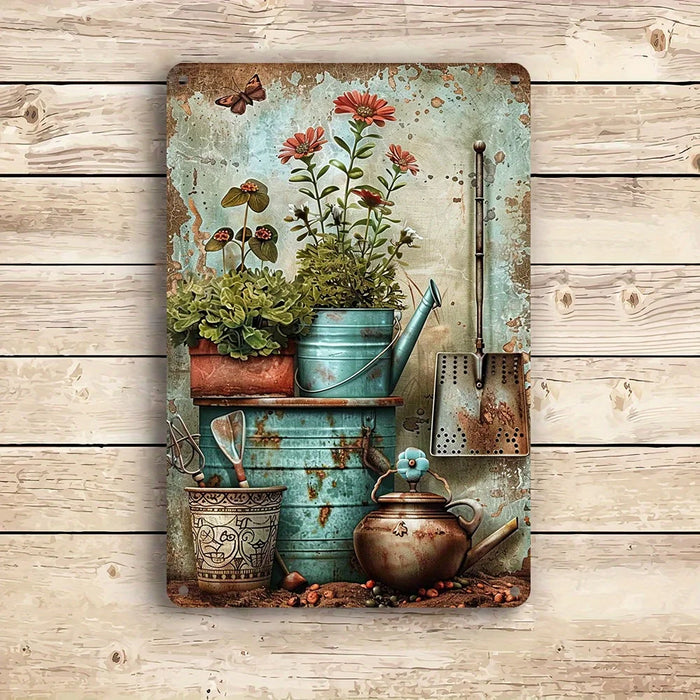 Reusable Vintage Metal Signage With Gardening Tools & Potted Plant Design 2D