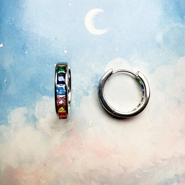 925 Sterling Silver Boho Rainbow Stone Hoop Earrings Real European Glam Jewelry For Women