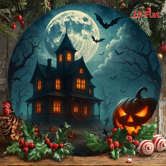 Vintage Round Iron Sign Haunted House & Pumpkin Lanterns
