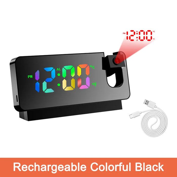 Digital Projection Alarm Clock Rechargeable 180 Degree Rotation Large Led Display
