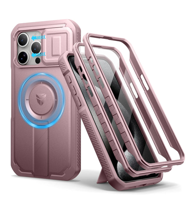 For Iphone 15 Pro Max Rugged Armor Shockproof Case With Built-In Sliding Camera Case And Built-In Screen Protector Kickstand
