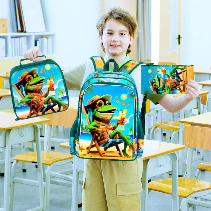 3 Piece Boys Backpack Set 16 Inch Bookbag Lunch Box Frog Design