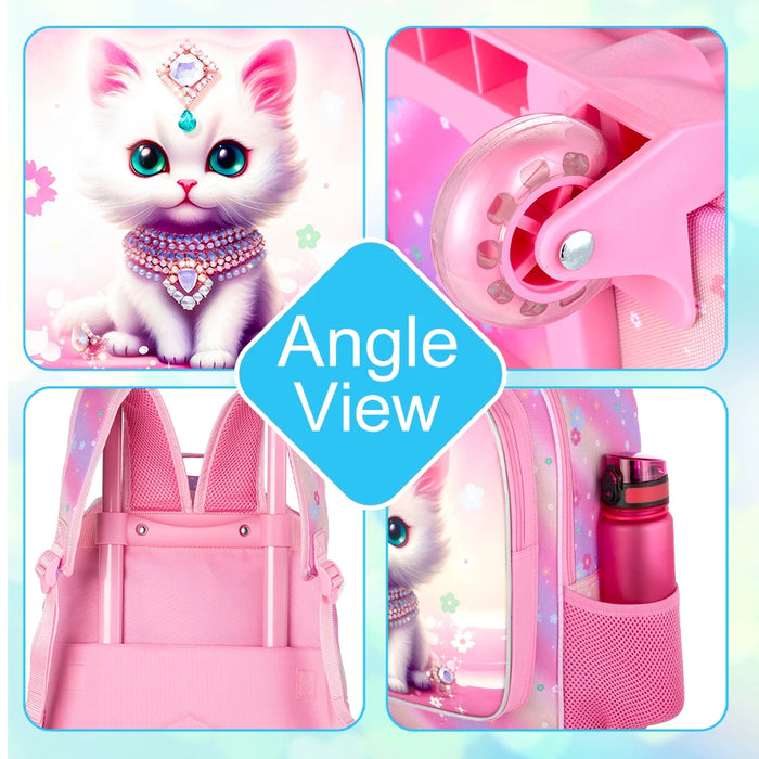 3 Piece Girls Rolling Backpack Set With Lunch Bag Cat