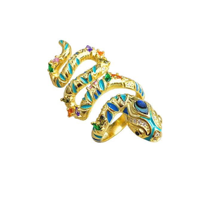 925 Sterling Silver Boho Golden Snake Ring Pave Design Women Jewelry