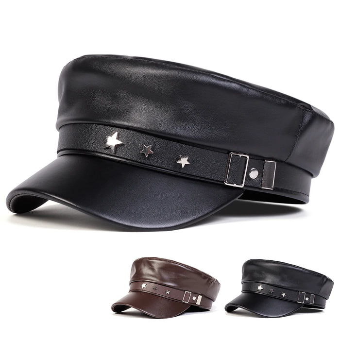 Unisex Pu Leather Military Hat With Star Buckle Flat Top Cadet Cap For Women Outdoor Sports Sunscreen Hat