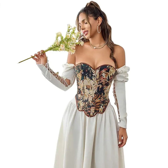 Floral Fishbone Corset Top Retro Bodice Plus Size Xs-Xl Flounce Irregular Bustier