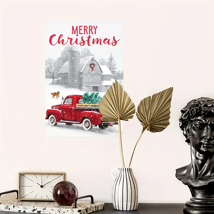 Metal Tin Sign Merry Christmas Red Truck Holiday Decor