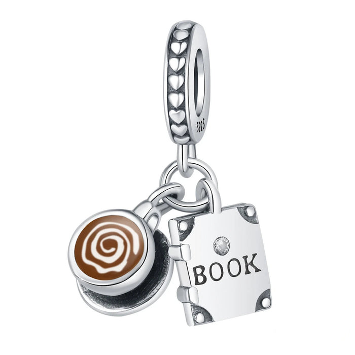 925 Sterling Silver Coffee Cup Book Pendant Fits Bracelet Women Diy Gift
