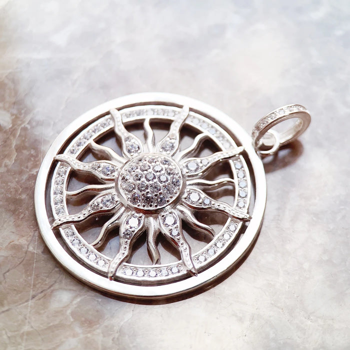 925 Sterling Silver Sun Pendant With White Cz Pave European Style Accessory For Men & Women