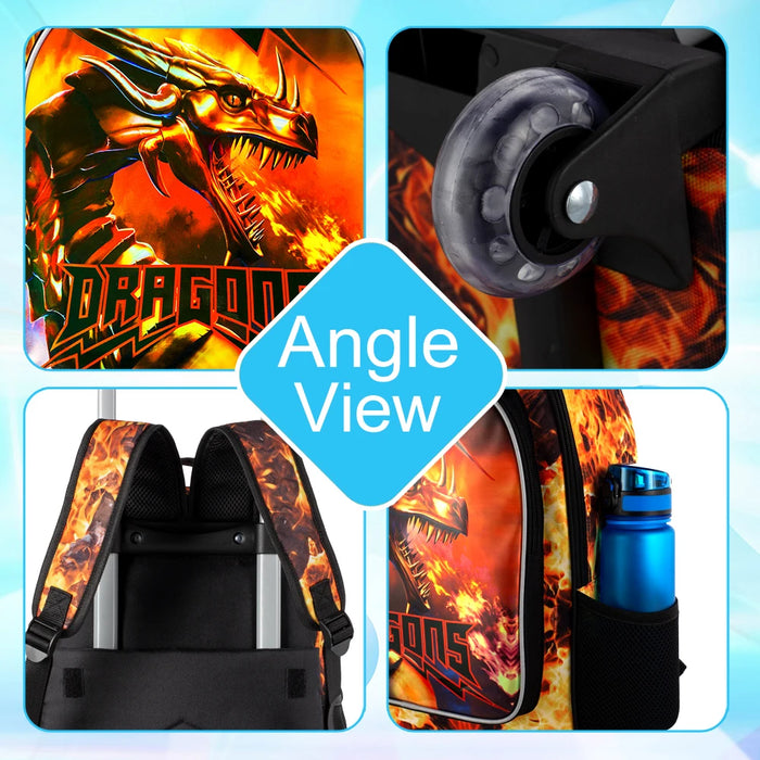 3 Piece Dragon Rolling Backpack Set For Boys School Wheels Lunch