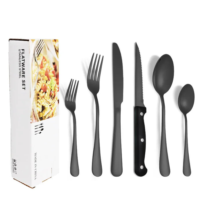 24 Piece Stainless Steel Tableware Set With Steak Knives & Dessert Spoons In Colour Box Packaging