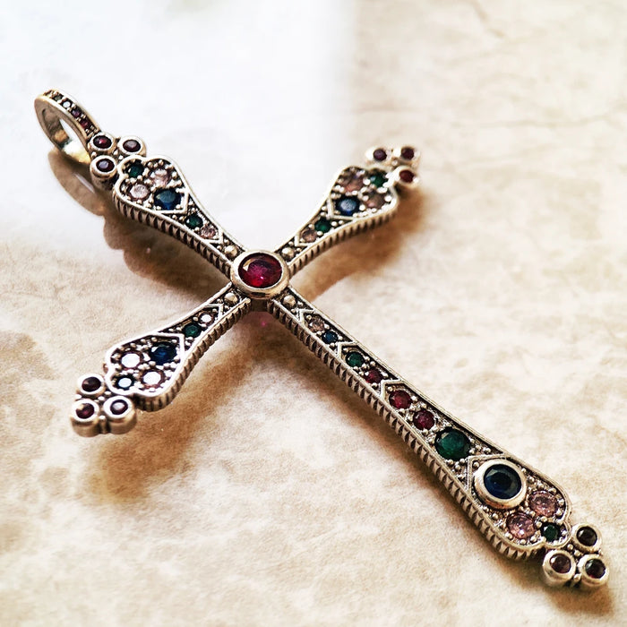 925 Sterling Silver Bohemian Cross Pendant Colourful Victorian Jewelry For Women