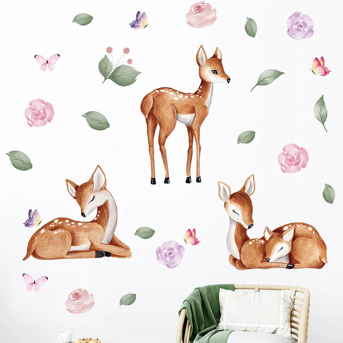 Watercolour Deer & Flower Wall Stickers For Kids Room Decor