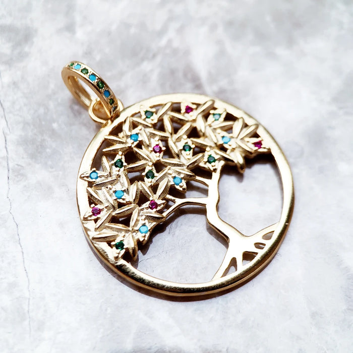 925 Sterling Silver Colourful Golden Tree Pendant Fine Jewelry For Women