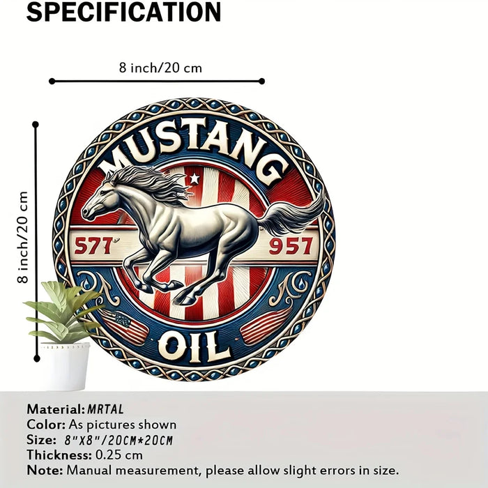 Vintage Round Metal Sign Mustang Oil Design