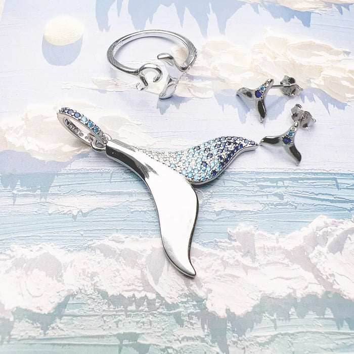 925 Sterling Silver Dolphin Jewelry Set Fin Ring Ear Studs Pendant Trendy Gift For Women