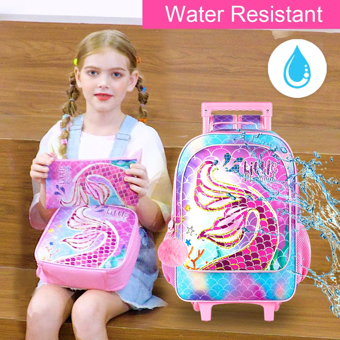 3 Piece Girls Rolling Backpack Set With Lunch Bag Mermaid