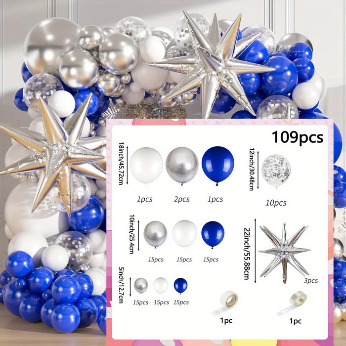 109Pcs Royal Blue And Silver Balloon Arch Set Garland Set Starburst Balloon For Anniversary Birthday Retirement Party Decoration