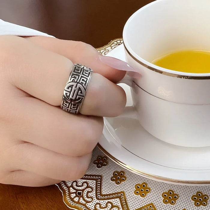 925 Sterling Silver Ethnic Band Ring Autumn Buddhist Prayer