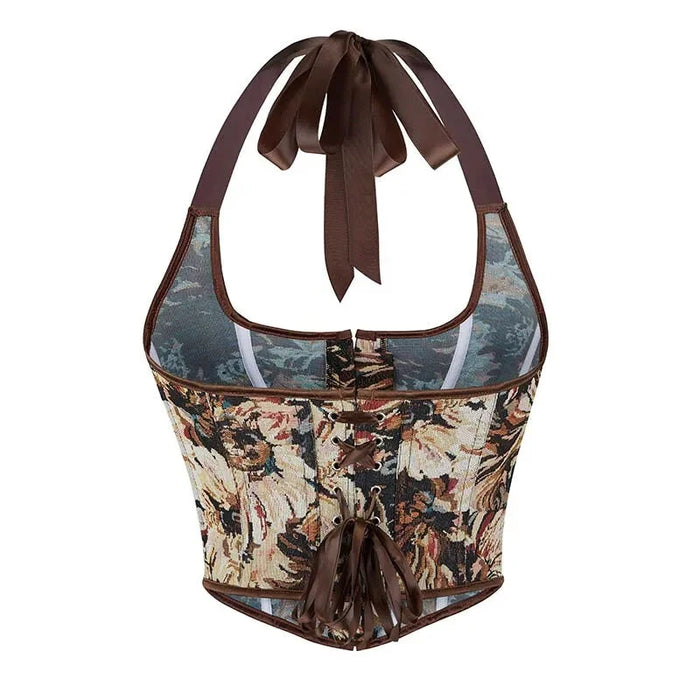 Fishbone Halter-Strap Vest Tank Crop Top Women Deep V Neck Backless Corset Bustier Body Shapewear