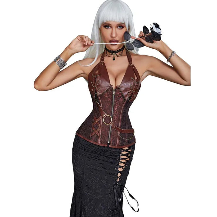 Deep V Halter Chest Binder Bustier Black Brown Steampunk Gothic Corset Plus Size With Zip