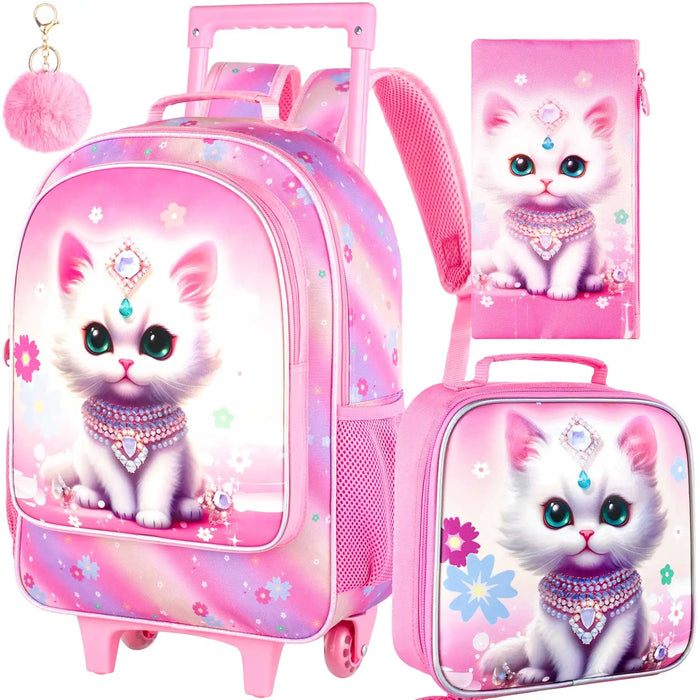 3 Piece Girls Rolling Backpack Set With Lunch Bag Cat