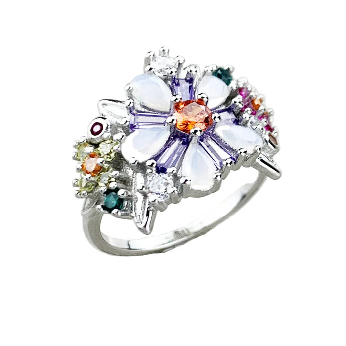 925 Sterling Silver Boho Colourful Flowers Ring For Women