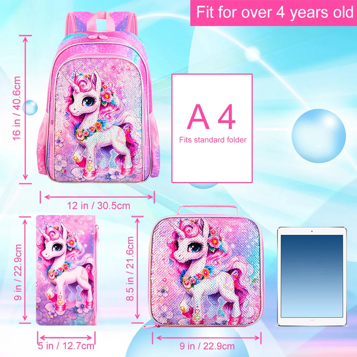 3 Piece Unicorn Backpack Set For Girls 16 Inch Sequin Bookbag Lunch Box Preschool To Elementary