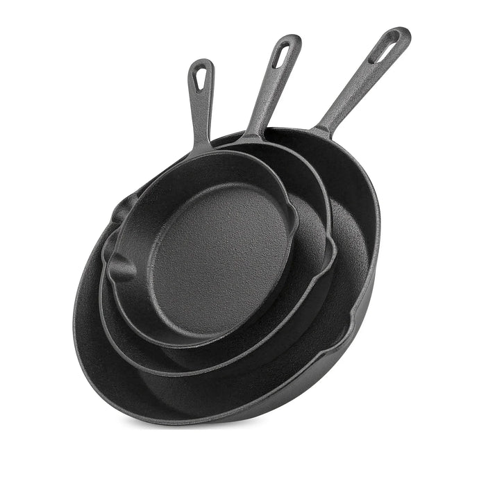 3 Piece Black Cast Iron Skillet Set Durable & Dishwasher Safe