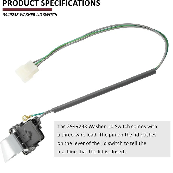 3949238 Washer Lid Switch Replacement Part For Whirlpool & Kenmore Washers Wp3949238 Ap3100001 Ps350431