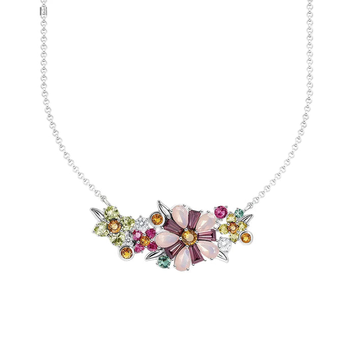 925 Sterling Silver Colourful Stone Flower Necklace Link Chain Romantic Gift