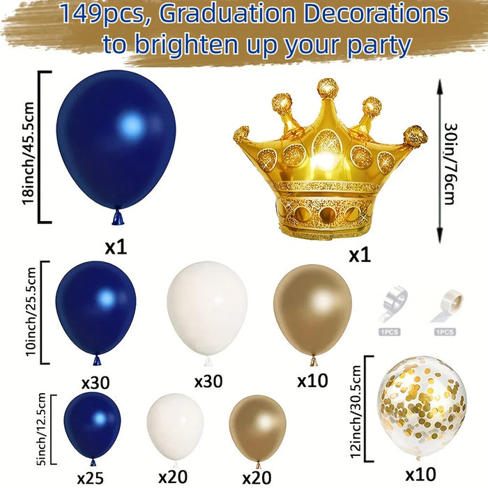 149Pcs Blue Gold Balloon Arch Garland Set Crown Foil Balloon Birthday Party Anniversary Graduation Decoration Supplies