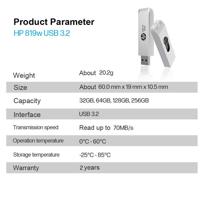 HP 64gb / 128gb / 256gb USB Flash Drive Push / Pull Design Metal Pendrive For Desktops / Laptops / Macbooks