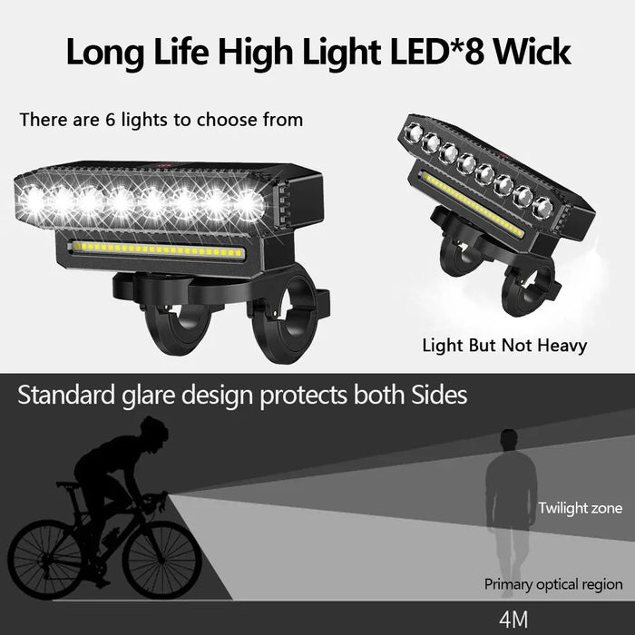 Usb Rechargeable Bike Light With Horn 6 Modes