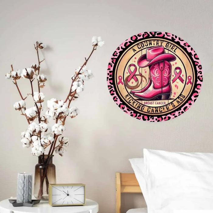 Breast Cancer Awareness Sign Country Girl Kickin' Cancer Pink Cowboy Boot & Hat