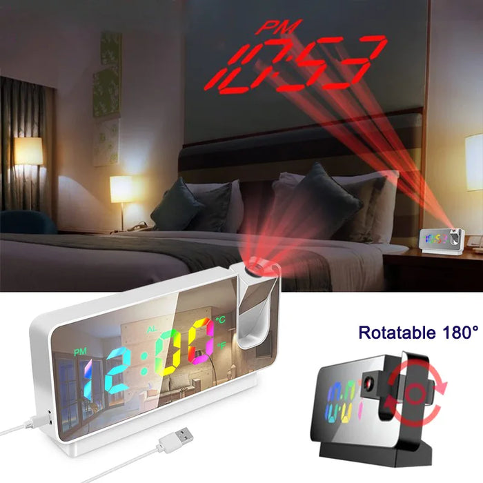 Digital Projection Alarm Clock Rechargeable 180 Degree Rotation Large Led Display