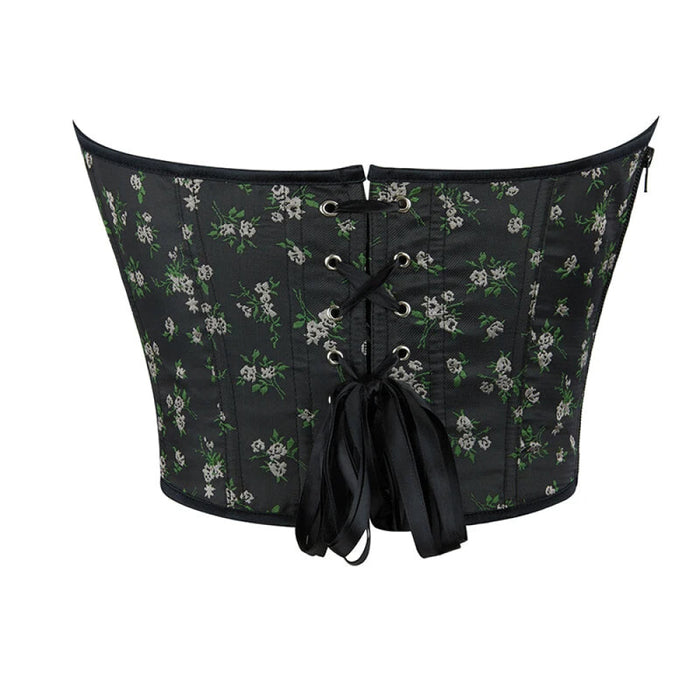 Rose Print Side Zipper Bustier Corset Slim Fit Lace Up Boned Satin Cropped Top For Women