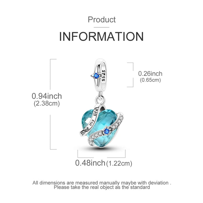 925 Sterling Silver Heart Pendant Sea Blue Charms For Bracelet Or Necklace Diy Gift