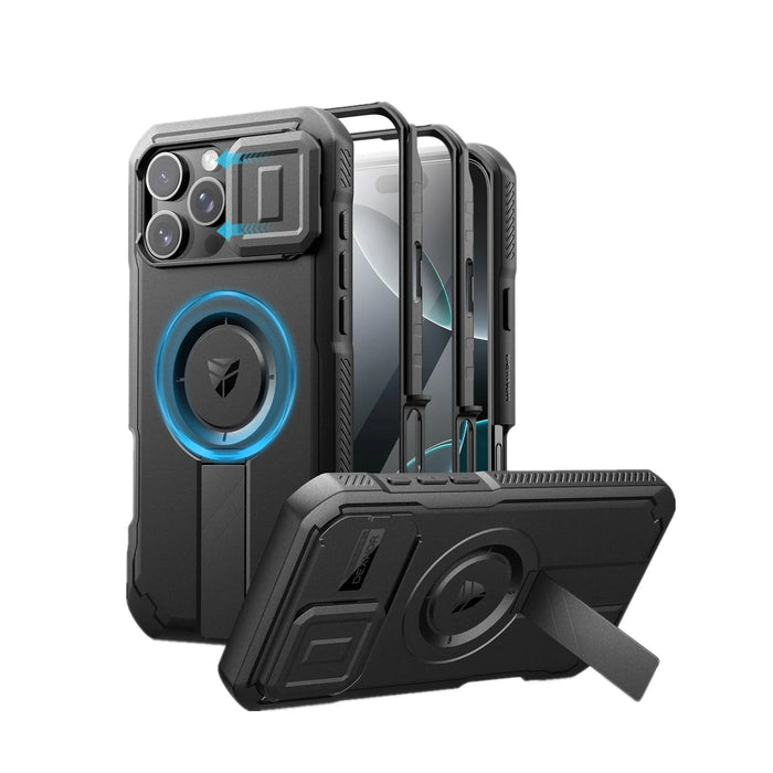 For Iphone 16 Pro Max Rugged Armor Shockproof Case With Built-In Sliding Camera Case And Built-In Screen Protector Kickstand