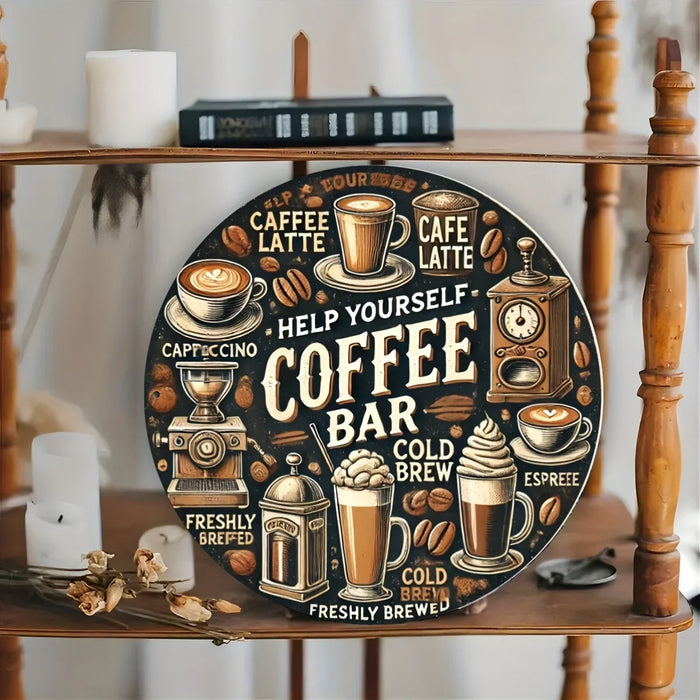 Rustic Coffee Bar Sign Circular Wall Art For Home Garden & Cafe