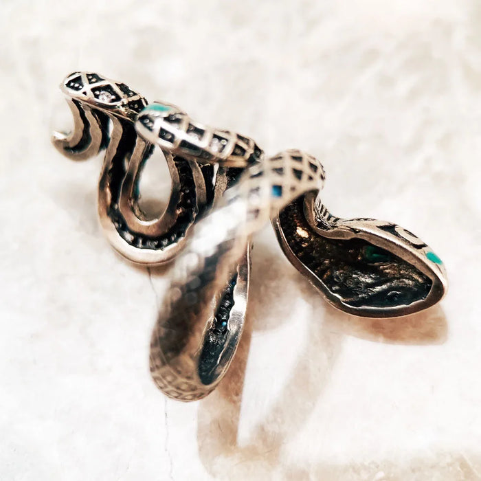 925 Sterling Silver Boho Blue Snake Pave Open Ring