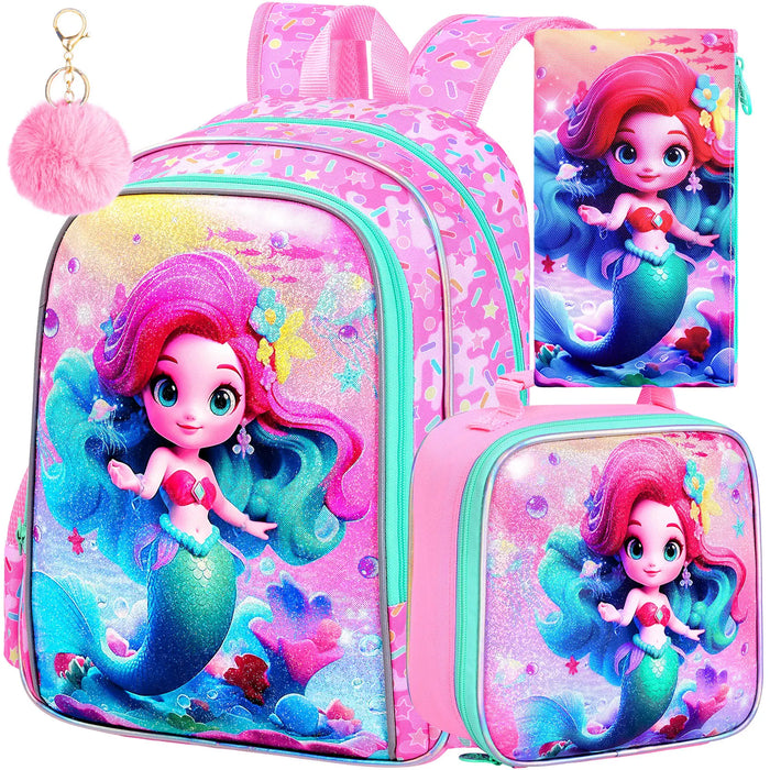 3 Piece Mermaid Backpack Set For Girls 16 Inch Elementary School