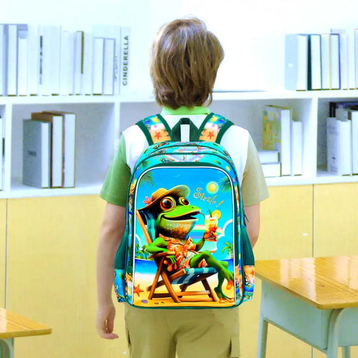 3 Piece Boys Backpack Set 16 Inch Bookbag Lunch Box Frog Design