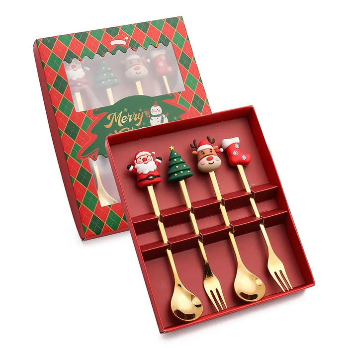 Christmas Cutlery Set 4 / 6 Piece Elk Tree Snowman Design Spoons Forks Tableware Gift