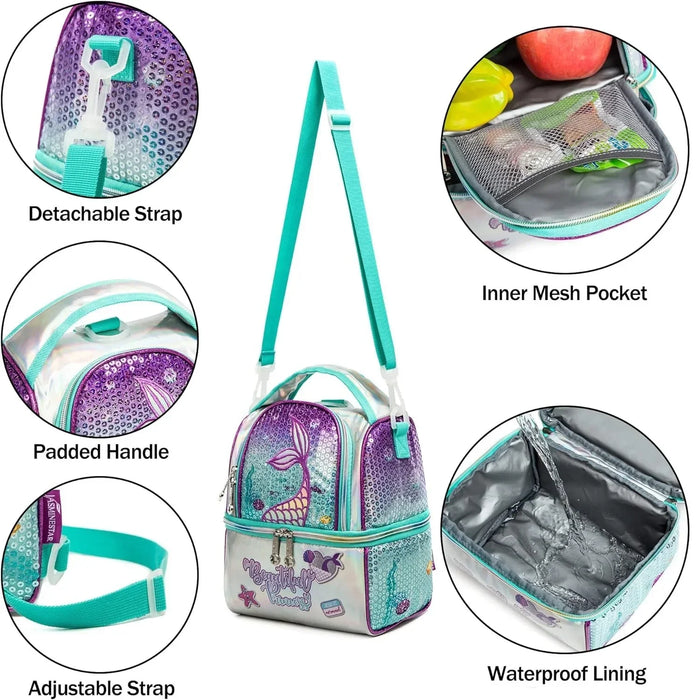 Kids Insulated Lunch Bag With Adjustable Strap High Capacity Bento Box For School Mermaid Sequin Design