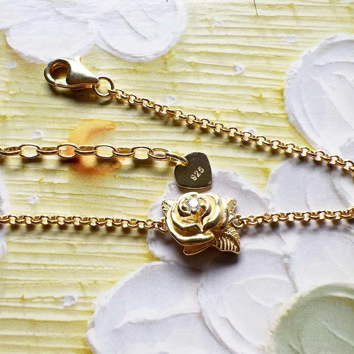 925 Sterling Silver Romantic Gift Rose Flower Bracelet White Stones